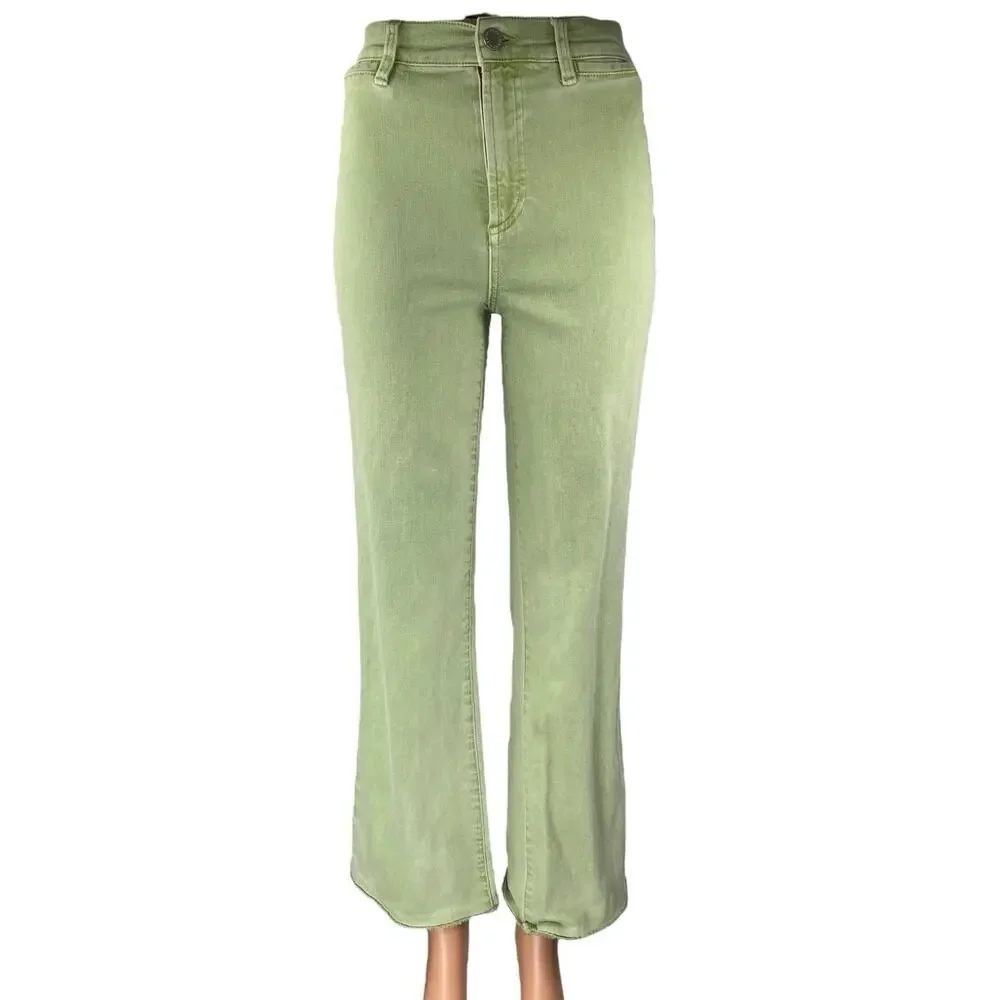 Alice + Olivia Green High Waist Frayed Raw hem Bootcut Flared Denim Jeans Sz 24
